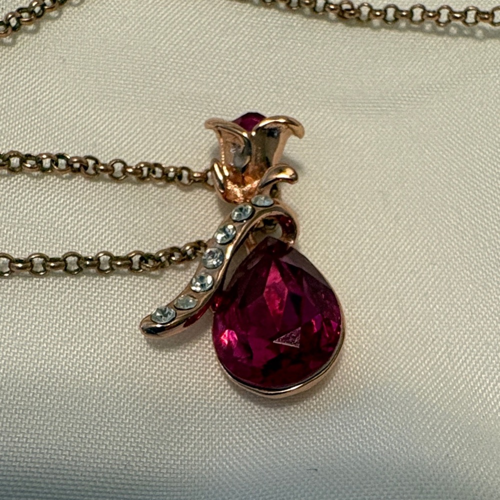 Gold-Tone Pink Teardrop Pendant Necklace with Crystal Accents